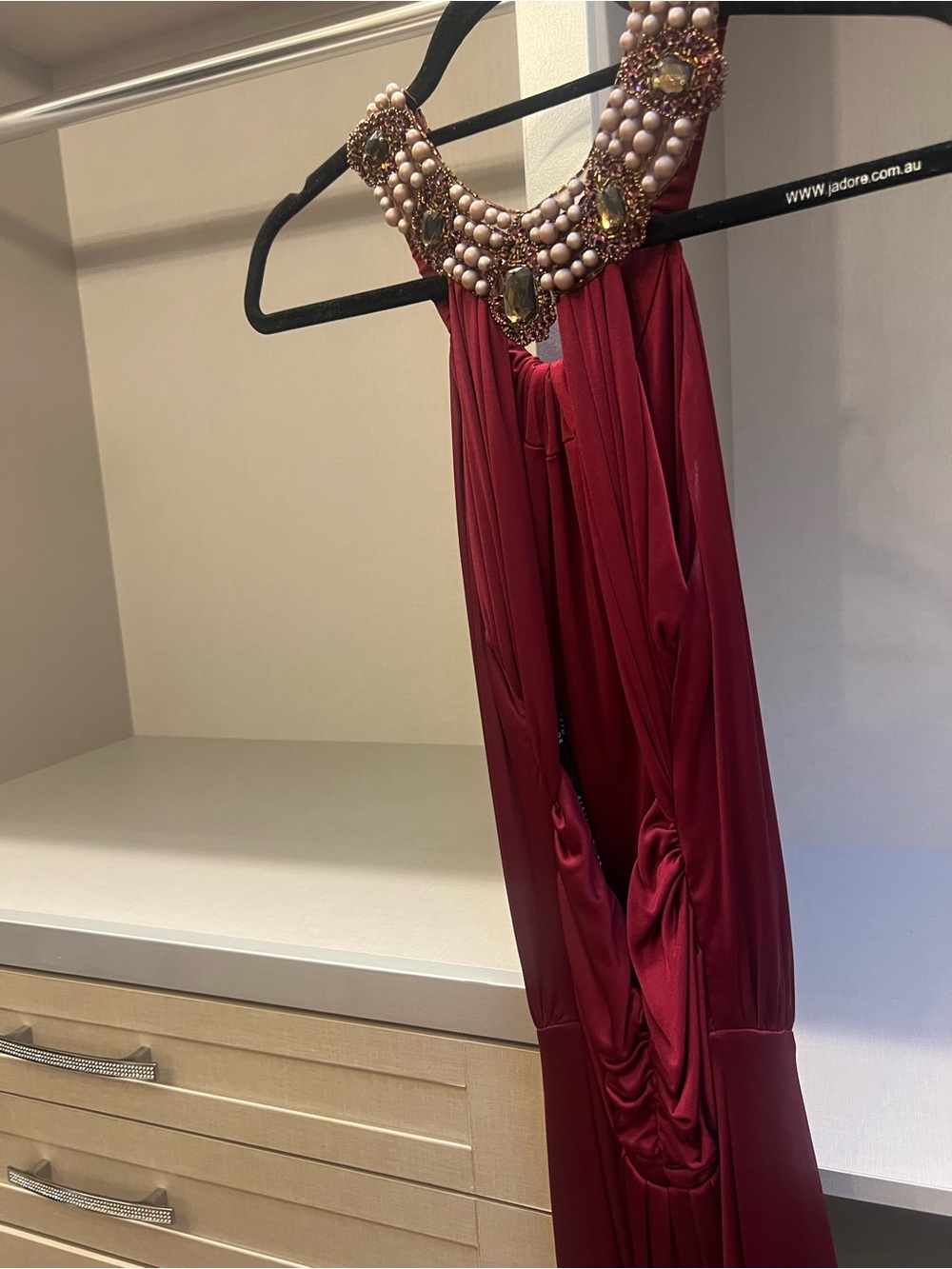 Alexia Admor Burgundy Gown with Beaded Collar